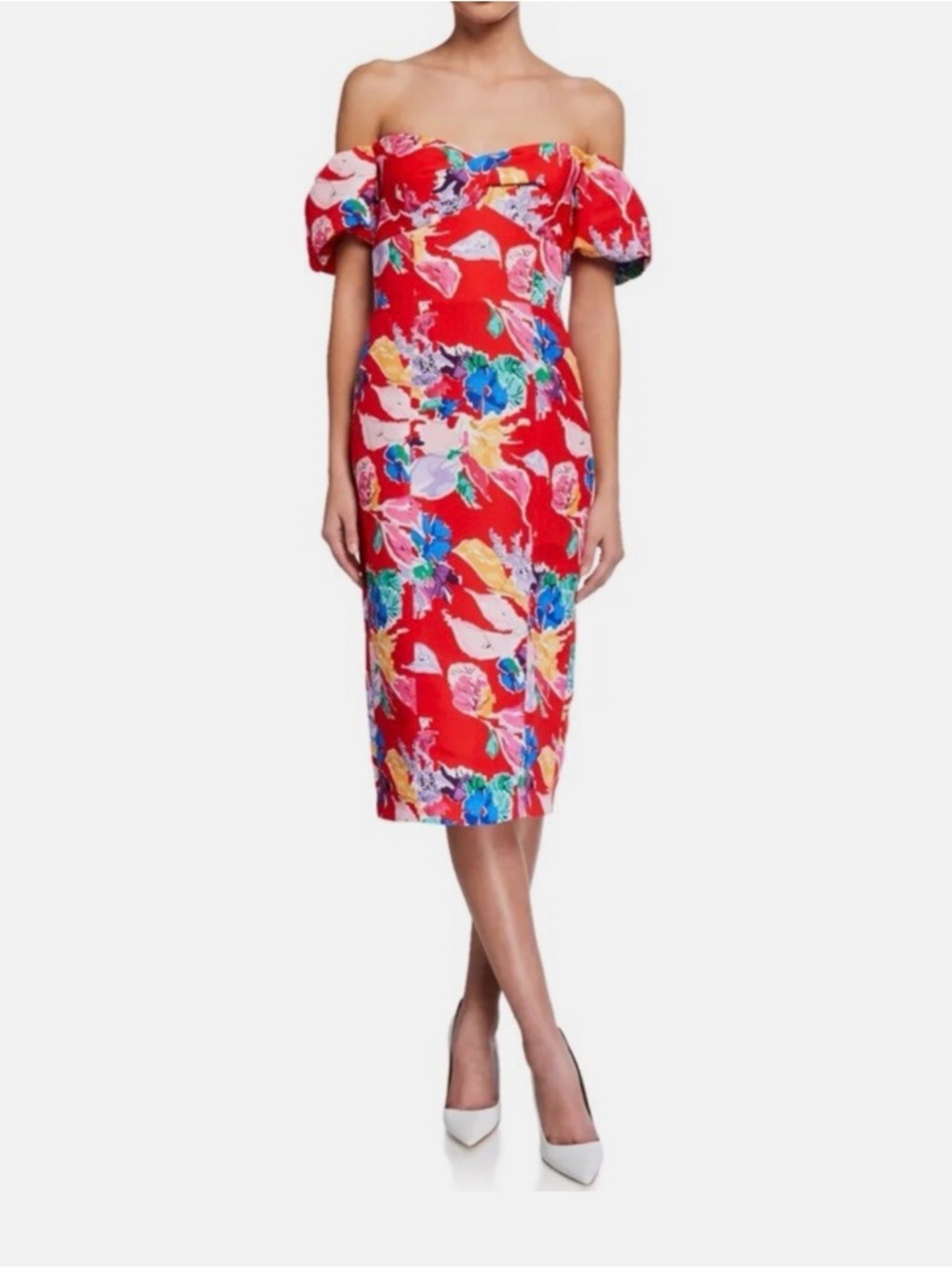 Milly Off Shoulder Floral Dress Size 0 NWT Fitted Knee Length Wedding Guest
